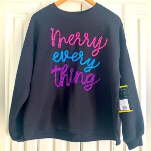 Merry Every Thing State Of Mine Black Graphic Sparkle Sweatshirt Size Medium NWT
